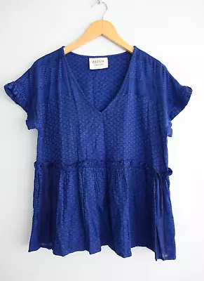 Cecile Copenhagen Freja Shirt Top Blouse S Blue Navy V Neck Short Sleeve Ruffle • $55