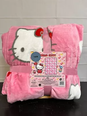 HELLO KITTY Pastel Pink White And Red Hearts Plush Blanket TWIN 60x90 • $50.32