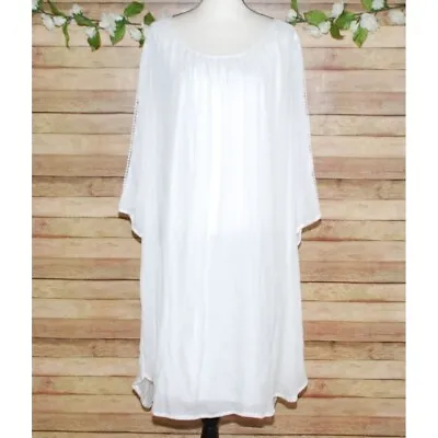 NWT Mlle Gabrielle Size 3X White Gauzy Boho Shift Dress 3/4 Cutout Sleeves Midi • $21.99