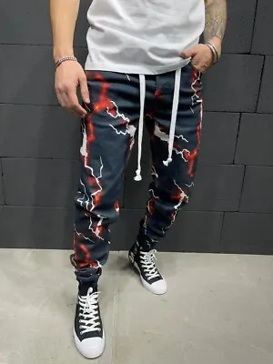 Men's Punk Printed Slim Fit Pants Hip Hop Casual Drawstring Trousers Streets • $28.51