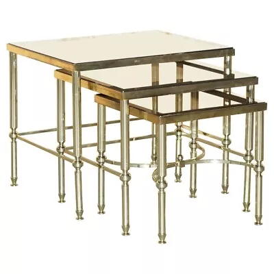 Maison Jansen Nest Of Tables Hollywood Regency Nest Of Three Brass Glass Tables • $2178.93