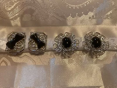 2 Pair Vintage Silver Tone Filigree With Black Clip On Earrings • $17.50