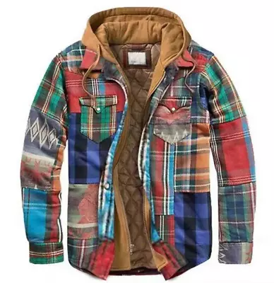 Men Plaid Work Jacket Sherpa Warm Hoodie Lumberjack Hooded Flannel Shirt • £36.88