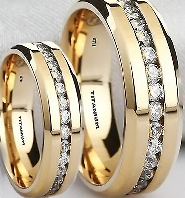 £54.99 • Buy His And Hers Titanium Gold Tone MATCHING Wedding Engagement Ring Set -UK SELLER