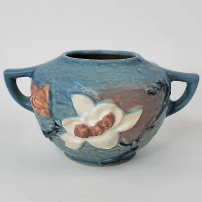 Vintage Roseville Pottery Magnolia Blue Small Jardiniere Double Handle 446-4 USA • £67.55