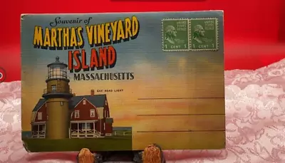 Martha's Vineyard Island Souvenir Linen Postal Foldout W/ 2 $0.01 Stamps • $25