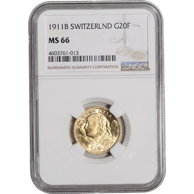 $831.30 • Buy 1911 B Switzerland Gold 20 Francs - NGC MS66