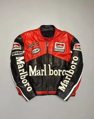 Men Marlboro Leather Jacket Vintage Racing Rare Motorcycle Biker Leather Jacket • $49
