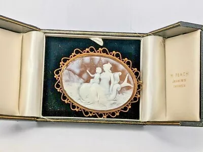 Impressive Cameo Brooch Of Girl With Child On A Dolphin In A 9ct Gold Setting • £775