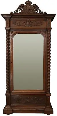 Antique Armoire Wardrobe French Hunting Renaissance Oak Beveled Mirror Shelves • $4159