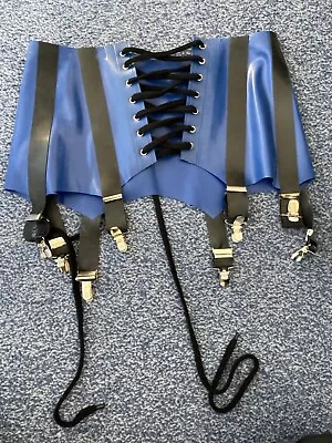 Ladies 8 Suspender Latex Girdle Waspie Blue With Black Stripes.  • £75