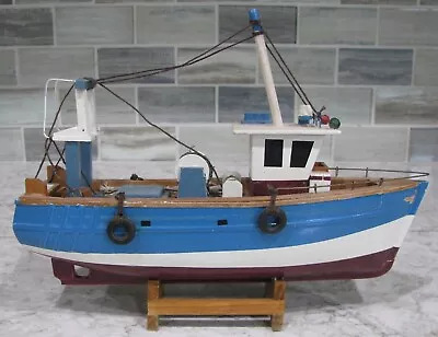 Vintage Wooden Model Fishing Boat 9  X 6.75  Replica Set On Wood Frame • $25