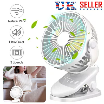 Portable Clip On Fan USB Rechargeable 3 Speeds Table Desk Air Cooling Fans White • £6.99