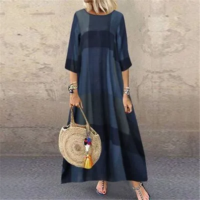 $23.65 • Buy Plus Size Summer Kaftan Long Maxi Dress Loose Short Sleeve Womens Check Casual