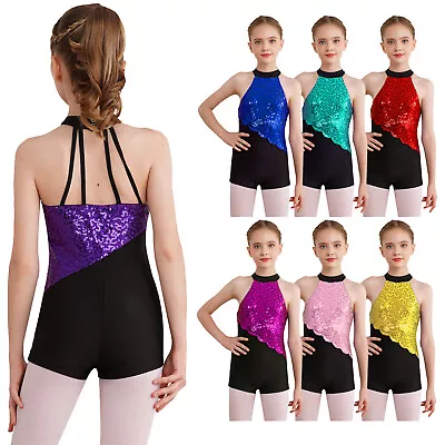 UK Girls Dancewear Halter Neck Jumpsuit Latin Leotard Sports Unitard Shiny Kids • £6.12