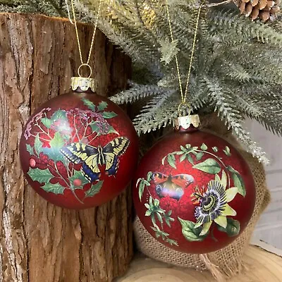 £13.99 • Buy 2x Red Butterfly Passion Flower Christmas Tree Baubles Gisela Graham Vintage 