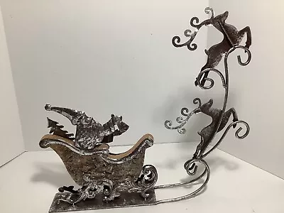 Vertical Santa Sleigh Flying Reindeer In Metal/Silver Shimmer & Wood Decor • $24.99