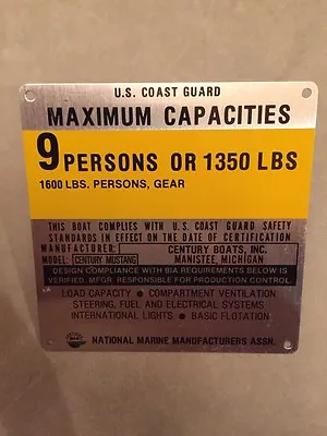 NOS Century Boat Mustang Capacity Plate 1980's Era Classic Boats Vintage • $9.95