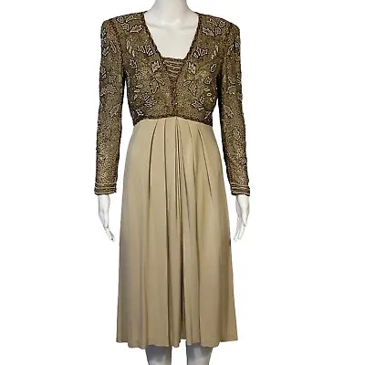 Victoria Royal Ltd. Vintage 60’s Gold Beaded Long Sleeve Cocktail Dress Sz Small • $99.97