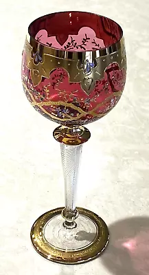 Bohemian Moser Style Enamel Gold & Cranberry Wine Glass Unique Stem Circa 1900 • $300