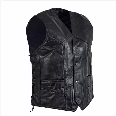 Genuine LEATHER Black VEST Mens Motorcycle MC Biker Adjustable Side Laces Lined • $19.99