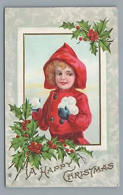 A Happy CHRISTMAS Girl With Snowballs Ready For Fight Vintage Postcard • $4.99