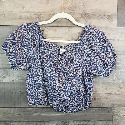 Miguelina Crop Top Blouse Large Blue Ditsy Boho Puff Sleeves Summer Cotton • $47.28