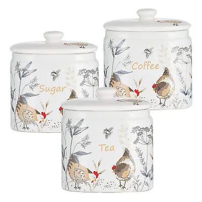 Set Of 3 Country Hens White Coffee Tea Sugar Ceramic Canister Jars  Containers • £25.95