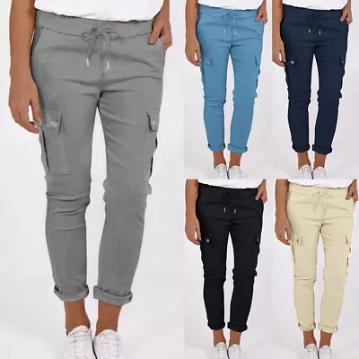 New Women Magic Drawstring Comfy Plain Joggers Cargo Pocket Trousers Long Pants • £12.79