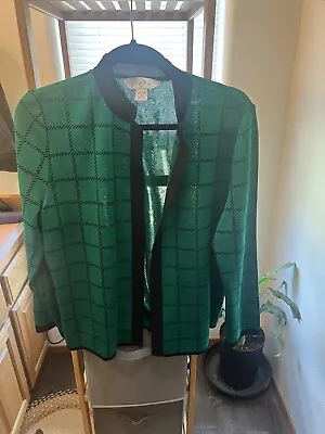 Ming Wang Open Front Jacket Knit Cardigan Sweater Green Black Print Womens Sz L • $40