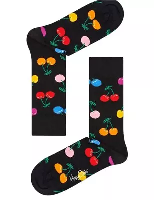 HAPPY SOCKS Men's Black Multicoloured Cherry Combed Cotton Socks Size 8-12 NWT • $8