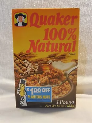 Vintage 1989 Quaker Natural Cereal 1 Lb Box Planters Peanut Mr Peanut Unopened • $5.95