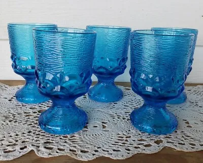 $49.99 • Buy Set 5 Vintage Brockway Glass Co Monterey Blue Textured Footed Wine Goblets MINT 