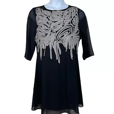 Timeless Naeem Khan Size 14 3/4 Sleeve Shift Dress Embellished Chiffon Black • $15.29