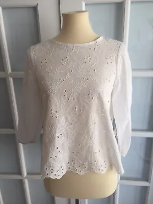 ZARA Woman White EMBROIDERED TOP Long Sleeve Elastic Cuffs Size XS  O3036 • $21.99