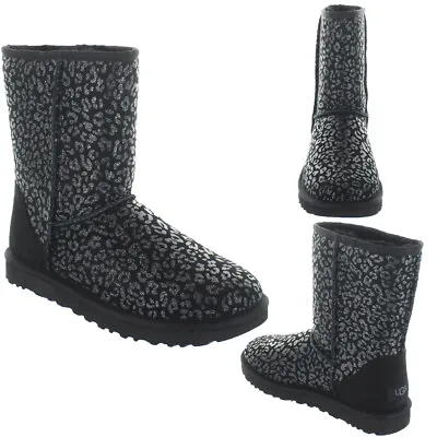 Ugg Women's Sheepskin Classic Short Metallic Snow Leopard Mid-Calf Boot • $70.99