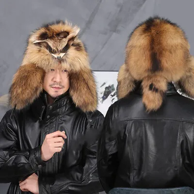 Men's Full Covered Real Raccoon Fur Hat Russian Ushanka Cossack Hunter Hat Cap • $89.99