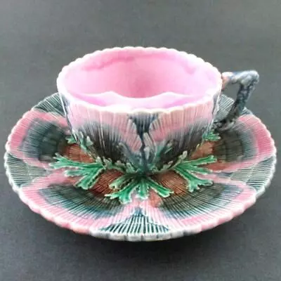 Antique Majolica  MUSTACHE Cup & Saucer - SHELL & SEAWEED - Etruscan C.1880's • $249