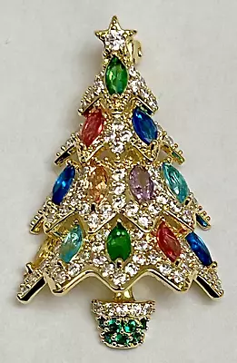 Vintage Christmas Tree Multicolor Crystal Rhinestone Brooch Pin Glass Gold Tone • $18.69