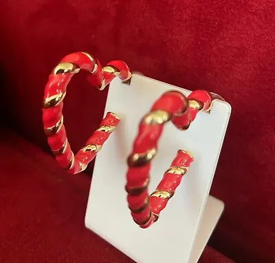 Fashion Jewelry Women's Red And Gold Stripped Heart Shape Open Hoop Earrings • $15