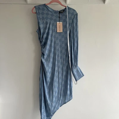 £5 • Buy Missguided Blue Checkboard Satin Asymmetric Cut Out Dress Brand New Size 14 ASOS