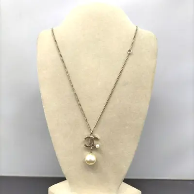 CHANEL Vintage Coco Mark Pearl Necklace Pendant Silver Auth CC France • $494