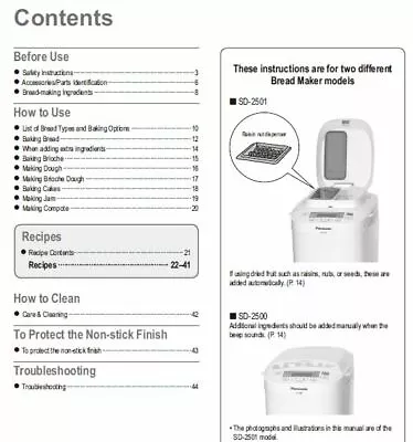 User Manual & Recipes For Panasonic Sd-2500 / Sd-2501  Bread Maker. • £6.70