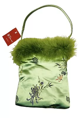 Chinese 100% Silk Handbag Purse Lime Green W/ Boa Feather Trim 8x7x1” • $7.99