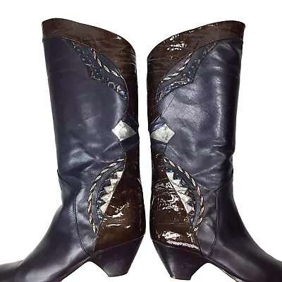 Vintage 80's Mima Venezia Boots Leather Knee High Size 38 / US 7 Black Art Deco • $124.77