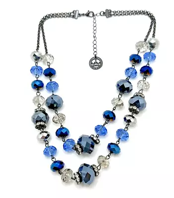 Vintage CROWN TRIFARI Blue Crystal Bead Necklace Double Strand Choker 16  To 18  • $19.95
