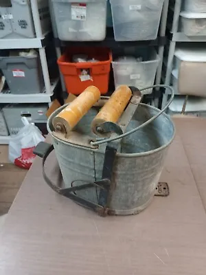 White Galvanized Metal Foot Wringer Mop Bucket Vintage Wood Rollers Works • $30