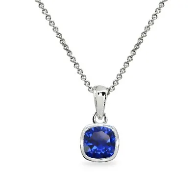 7mm Cushion-Cut Created Blue Sapphire Bezel-Set Sterling Silver Pendant Necklace • $21.59
