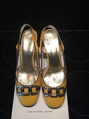 Marc By Mark Jacobs  Patent Yellow/Navy Sling Shoes Block Heel  UK 6 IT39 Used • £100