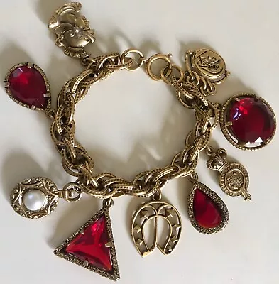 Vintage Etruscan Revival Jeweled Glass Fob Charm Bracelet Germany Estate Find • $75